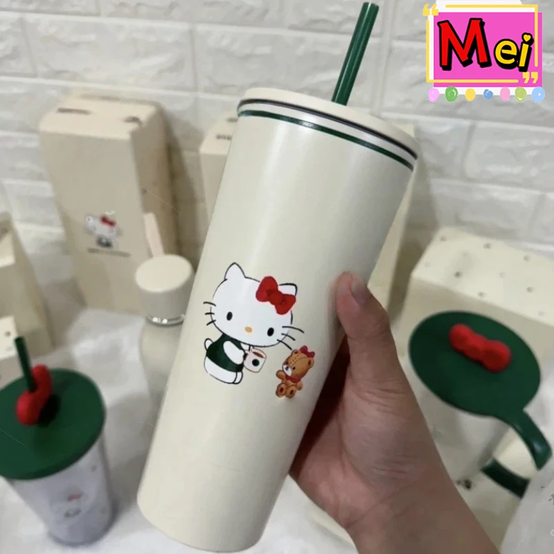 

New 710ml Cute Kitty Insulated Cup Cartoon 304 Stainless Steel Straw Cup Simple Large Capacity Portable Water Cup Christmas Gift