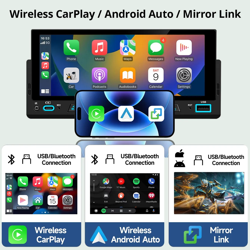 6.86 Inch 1Din IPS Screen Car Radio MP5 Player Wireless CarPlay Android Auto FM RDS AM BT EQ Type-C Fast Charging Car Stereo