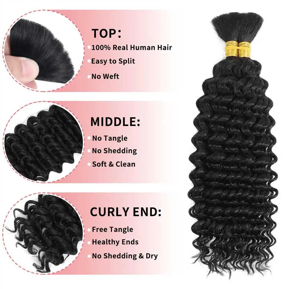 2 Bundles Human Braiding Hair for Boho Braids 14Inch 100G 10A Brazilian Virgin Deep Wave Bulk Human Hair for Braiding