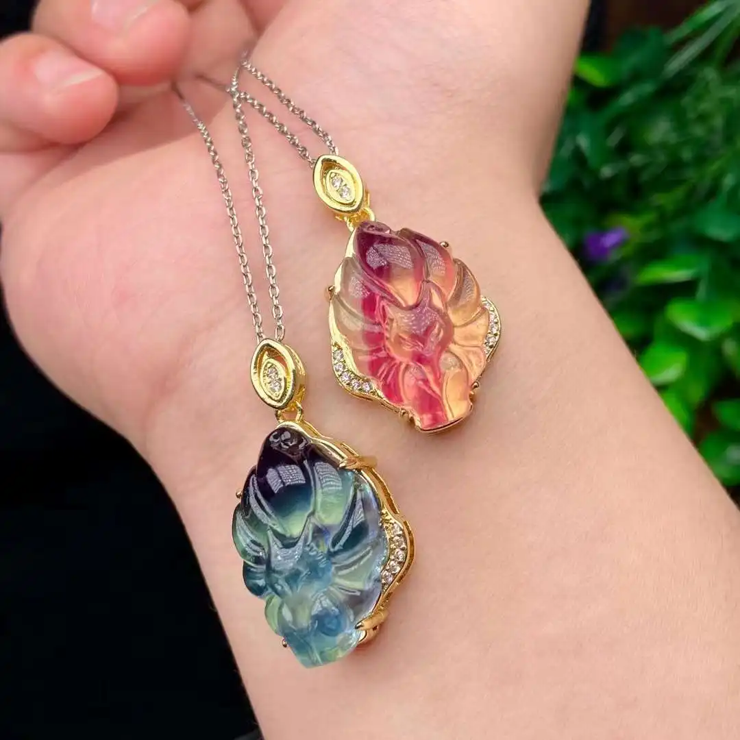 one piece fluorite multicolor carved Fox pendant