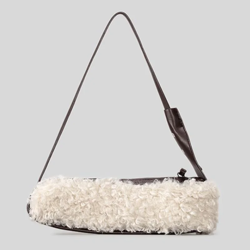 

Зимняя ретро сумка на плечо из овечьей шерсти, женская трендовая лоскутная сумка на молнии под мышками, элегантный роскошный дизайнерский длинный клатч для отдыха