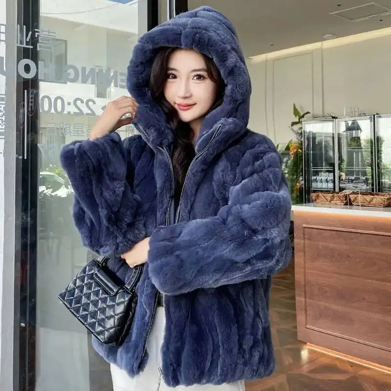 Abrigo de Piel de Conejo Rex Auténtico para Mujer, Estilo con Capucha y Cremallera, Ajuste Holgado, Talla Grande, Chaqueta de Piel y Cuero Integrados, con Capucha de Piel Esponjosa