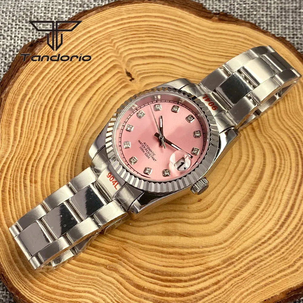 Tandorio NH35A Sapphire Automatic Steel Watch for Lady Men Pink Sunburst Dial Diamond Marks Luminous 36mm/39mm Wristwatch Date