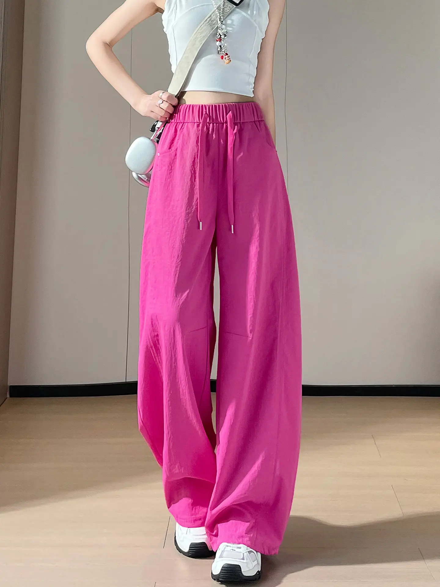 Dopamine Ice Silk Quick Dry Knife  Work Pants Women Summer Thin Loose Cuffed Cool Sun Protection Casual Wide Leg Pants