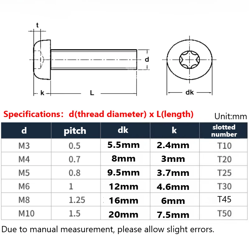 M3 M4 M5 M6 M8 M10 Black 304 Stainless Steel Six-Lobe Torx Pan Head Screw Round Bolt 4mm-60mm