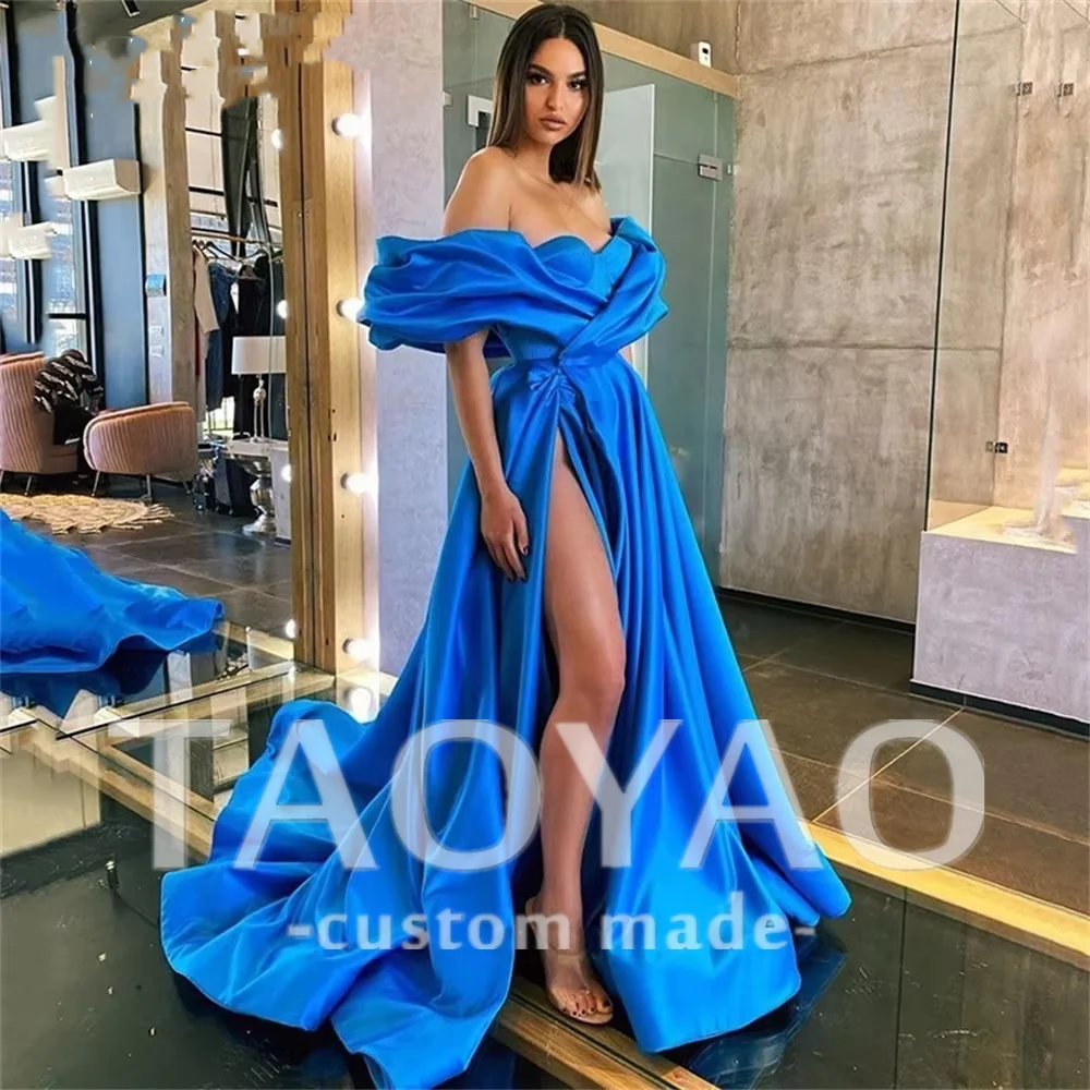 

New Elegant Party Evening Dresses High Side Split Robe De Soiree Royal Blue Prom Gowns Long Off The Shoulder Vestido De Noche