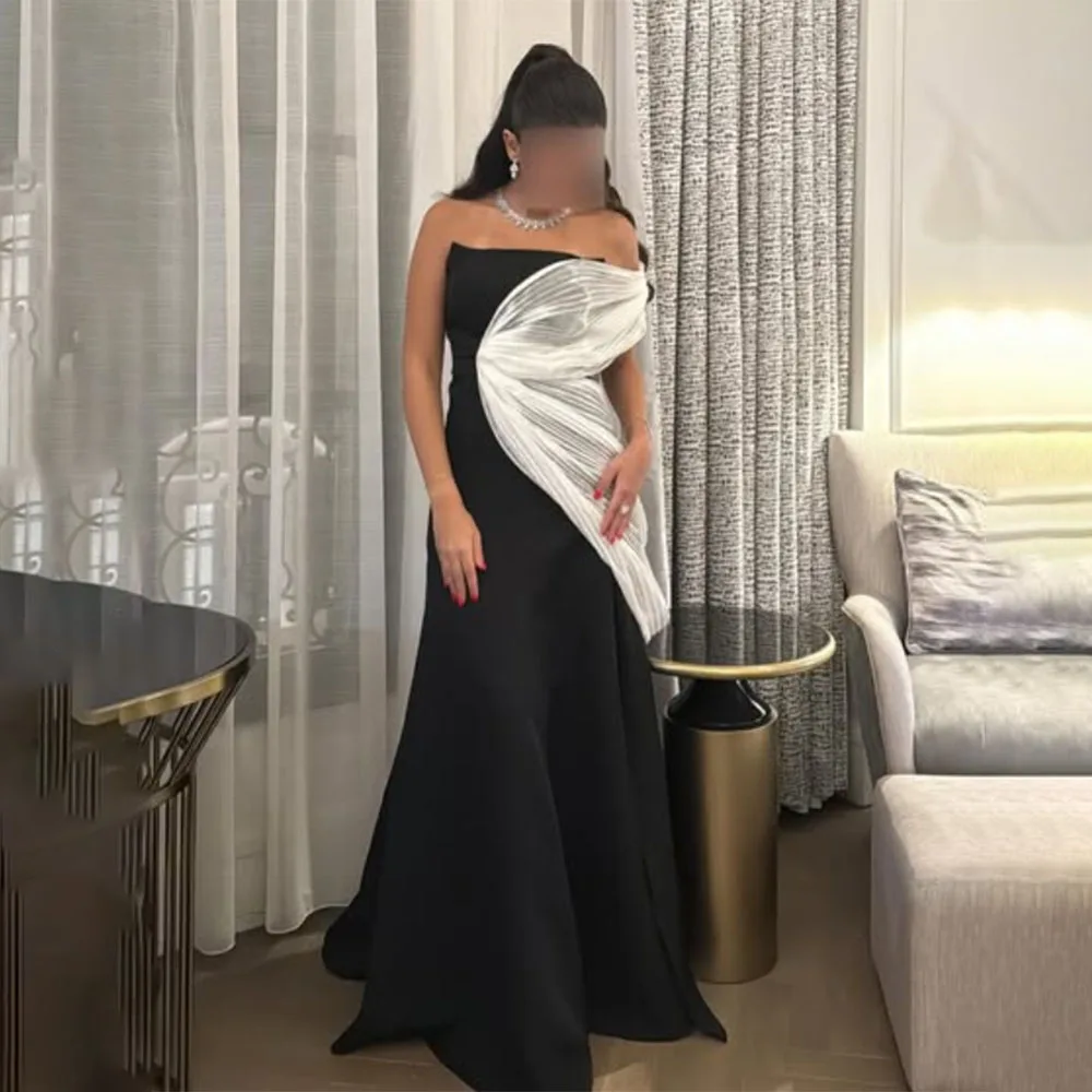 

High Quality Customized Floor Length Strapless Sleeveless Pleat Color Contrast Vestidos De Fiesta Para Bodas فساتين حفلات Dress
