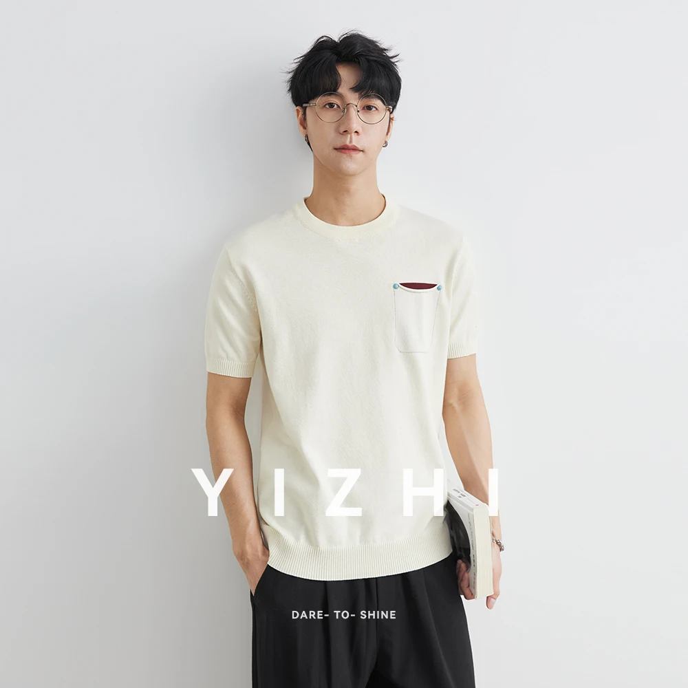 

Fashion Men's Knitted Short Sleeve T-shirt Summer New Round Neck T-shirt Loose Casual Breathable Pocket Half Sleeve Top Men