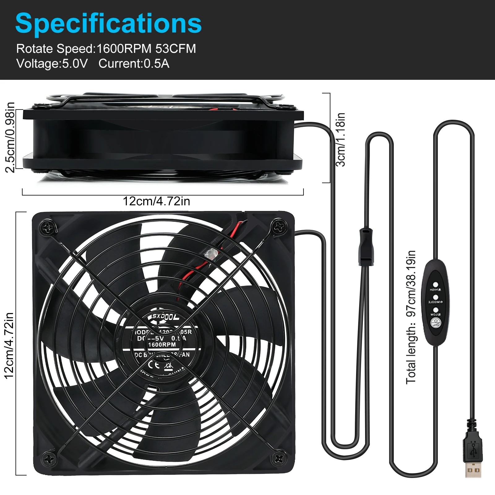 Dual 120mm DC 5V Mini USB Computer Cooling Fan with Speed Controller, for Xbox TV Box Fan Router Receiver DVR Playstation