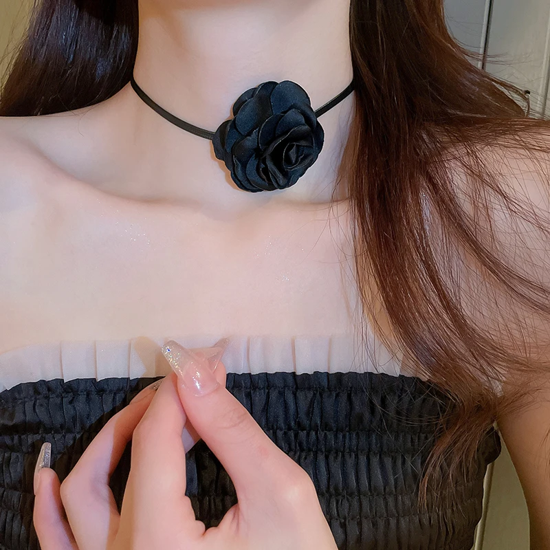 Black Flower Necklaces for Women Gothic Rose Flower Choker Adjustable Rope Chain Jewelry On The Neck free shipping