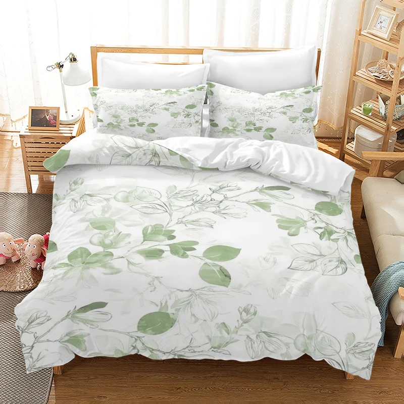 Green Leaves - Digital Printed Duvet Set - Polyester - Bedroom Decor -1 Bed cover +2 Pillowcase (no pillow core)