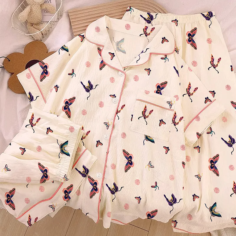 

Pajamas Women's New Three-Piece Set of Mori System Clouds Cotton Pajamas Girls Spring and Summer Leisure Home Wear Short-Sleeved