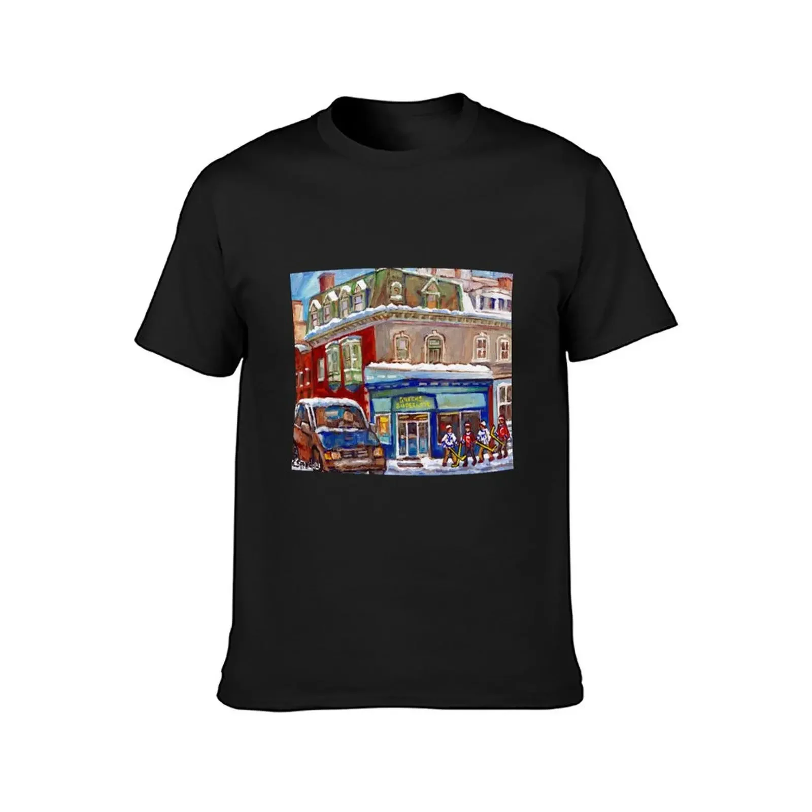 WINTER STREETS MONTREAL ART CANADIAN HOCKEY SCENES C SPANDAU QUEBEC CORNER STORE MCGILL GHETTO T-shirt tees tshirts for men