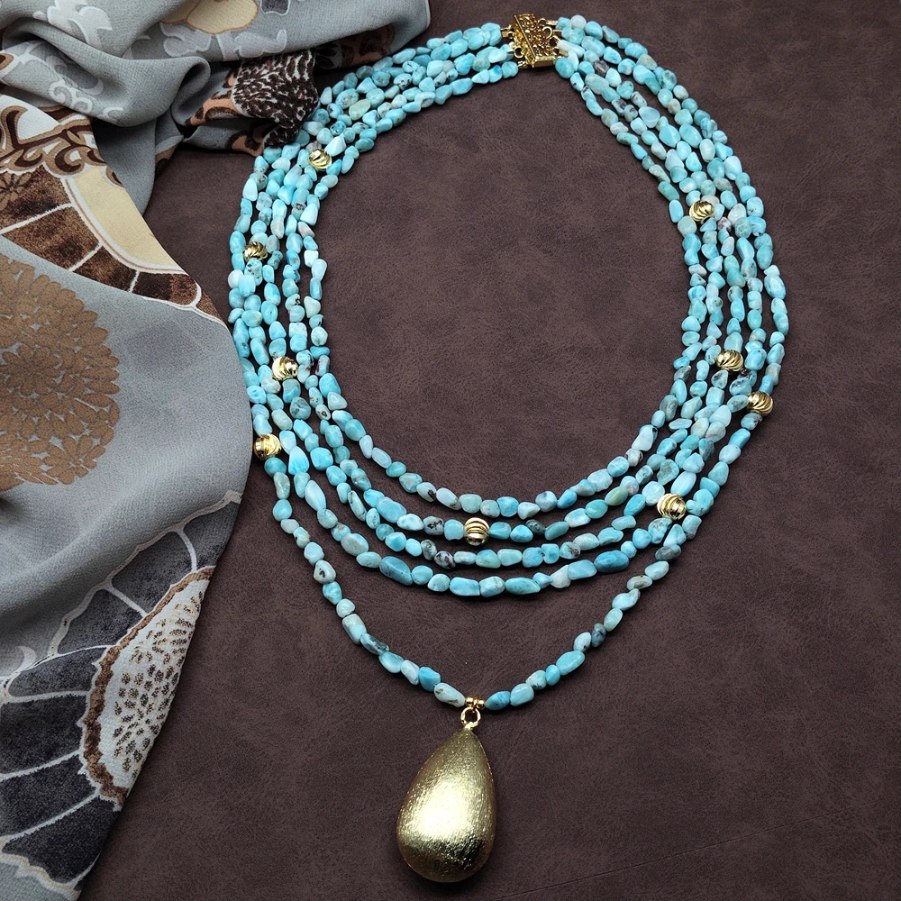 

YYGEM 5 Strands 6x8mm Natural Blue Larimar Beads 22x42mm Teardrop Pendant Layered Necklace