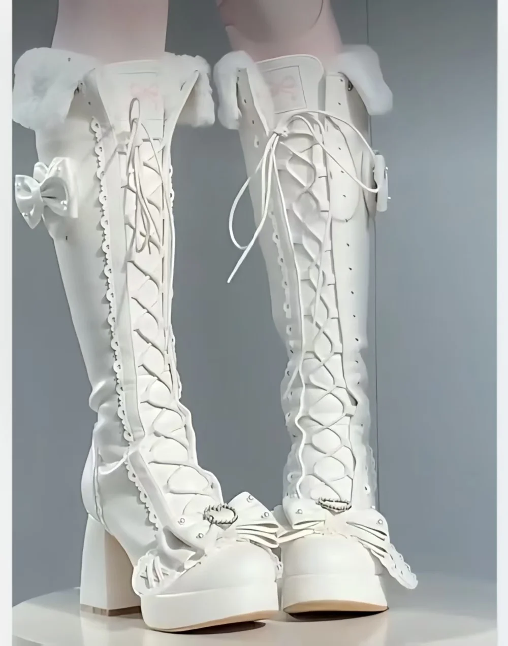 Chocolate Brown Lolita Knee-High Boots Faux Fur Lining Lace-Up Front Bow & Pearl Accents Ruffled Trim Sweet Cute Lolita Style