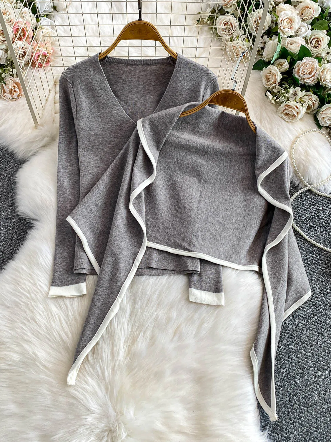 

Осенне-зимнее вязаное пальто с запахом и запахом, облегающее повседневное пальто с v-образным вырезом, нерегулярный цвет, прямые брюки с высокой талией