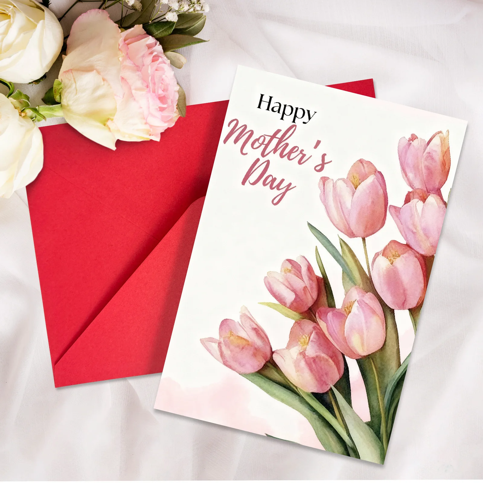 

Mother's Day Greeting Card with Envelope Thank You Card Creative Tulip Flower Queen DIY Message Card Happy Mother's Day Decor