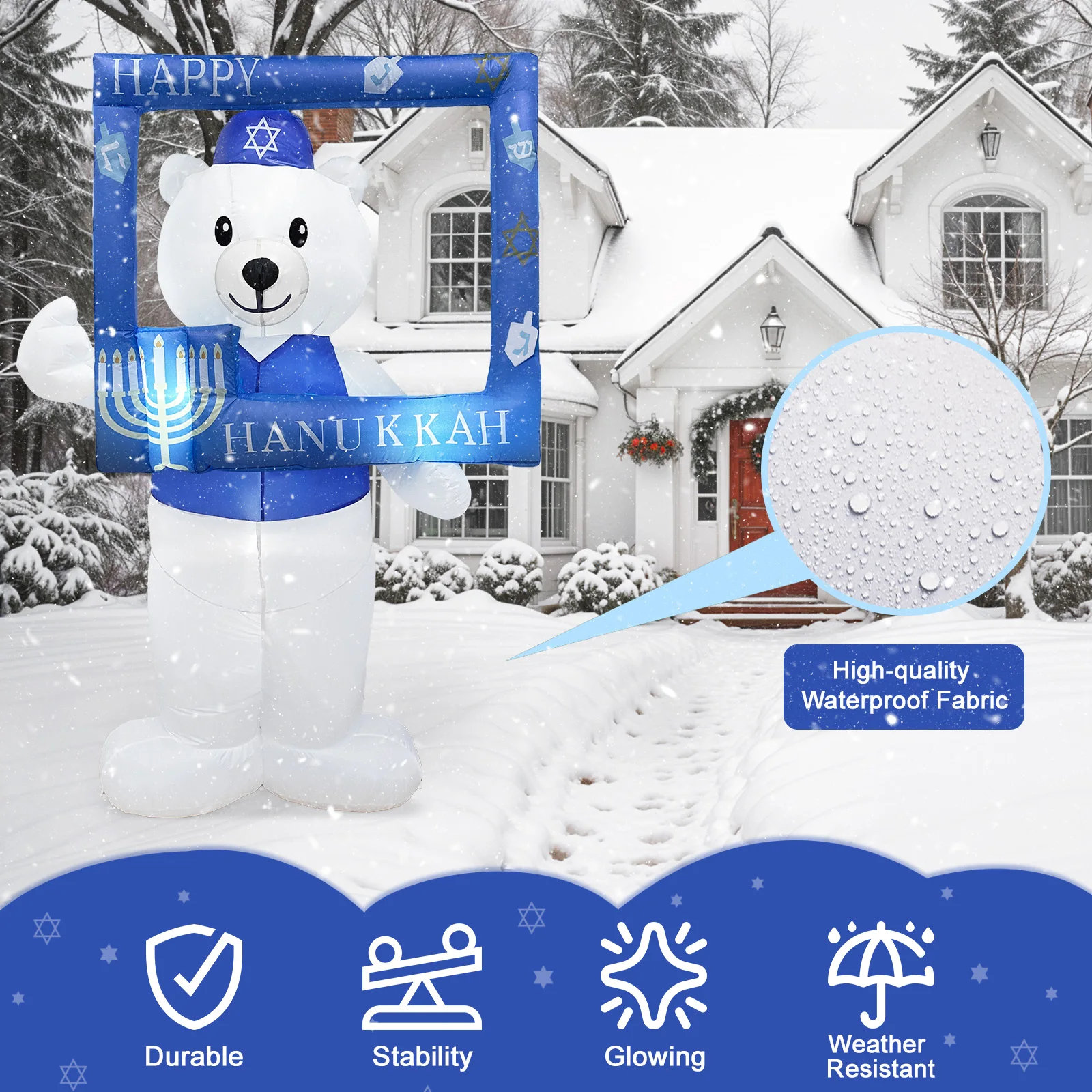 6.4 FT Hanukkah Inflatable Outdoor Holiday Yard Decorations Frame with Polar Bear Decor, Hanukkah Inflatables Outdoor with LEDs