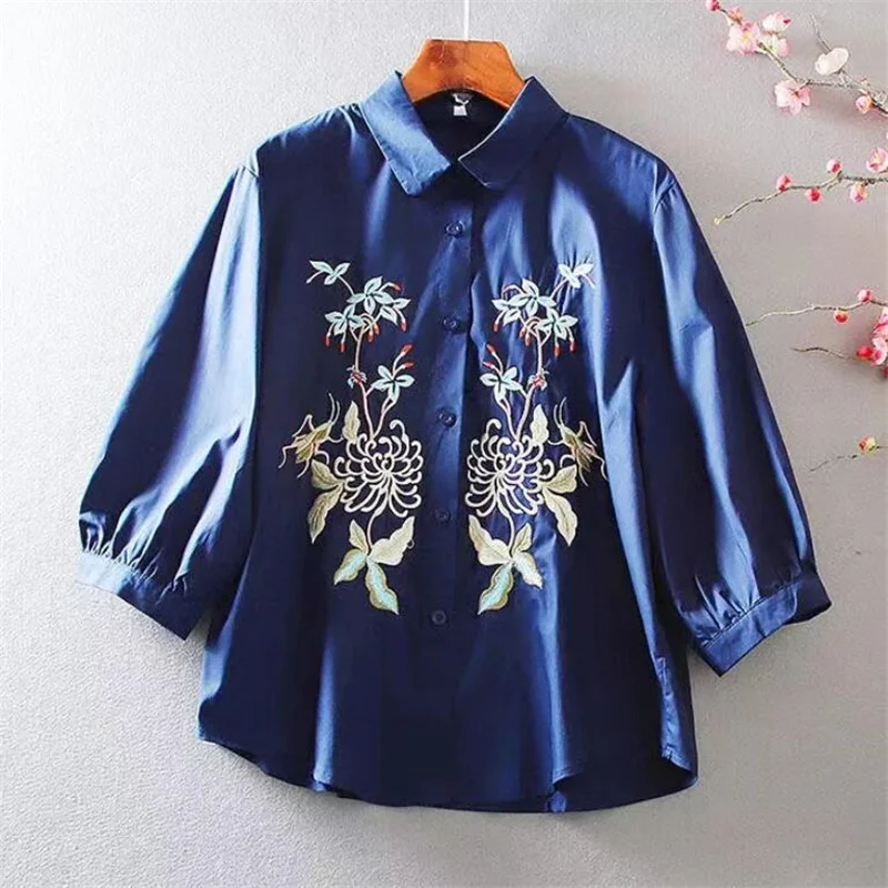 Embroidered Shirt For Women Blouses Summer Ethnic Style Top Loose Female Blous POLO Neck Button Up White Woman Clothes Shirts