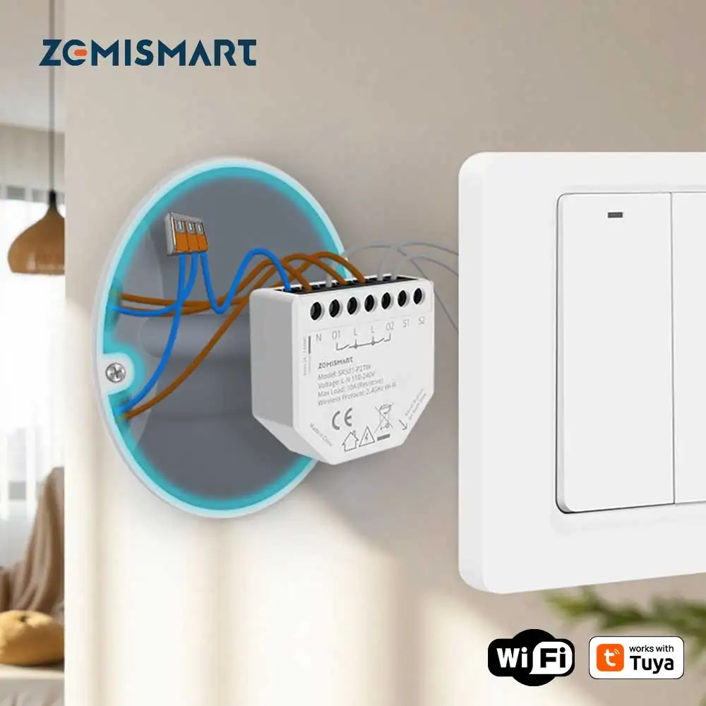 

Zemismart Wi-Fi Smart Relay Switch 2-бандовый мини-встроенный модуль 10А с монитором мощности, требуется нейтраль, работает с приложением Tuya Smart