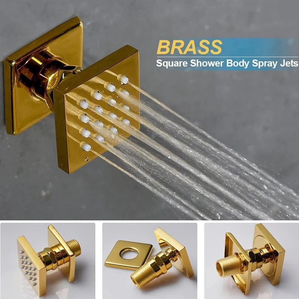 16-Inch Polished Brass LED Rain Shower Head System 4-in-1 Full Body Massage Multi-Spray Faucet Set Thermostatic Shower Slide Bar