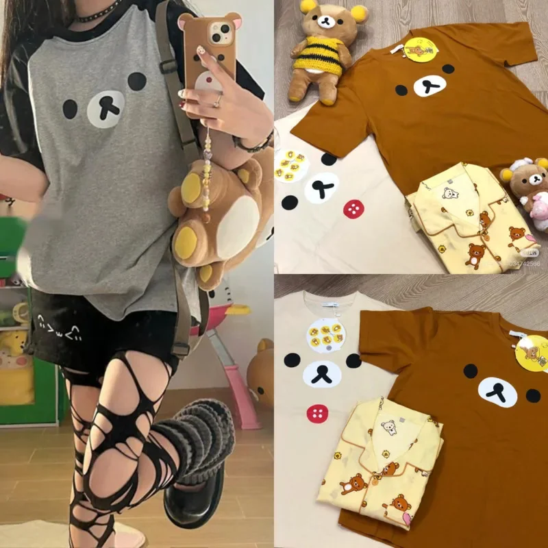 

Rilakkuma Y2K Printed T-shirt Tops&Tees Women Summer Japanese Cartoon Anime Cotton Short Sleeve Round Neck Loose Headset Top New