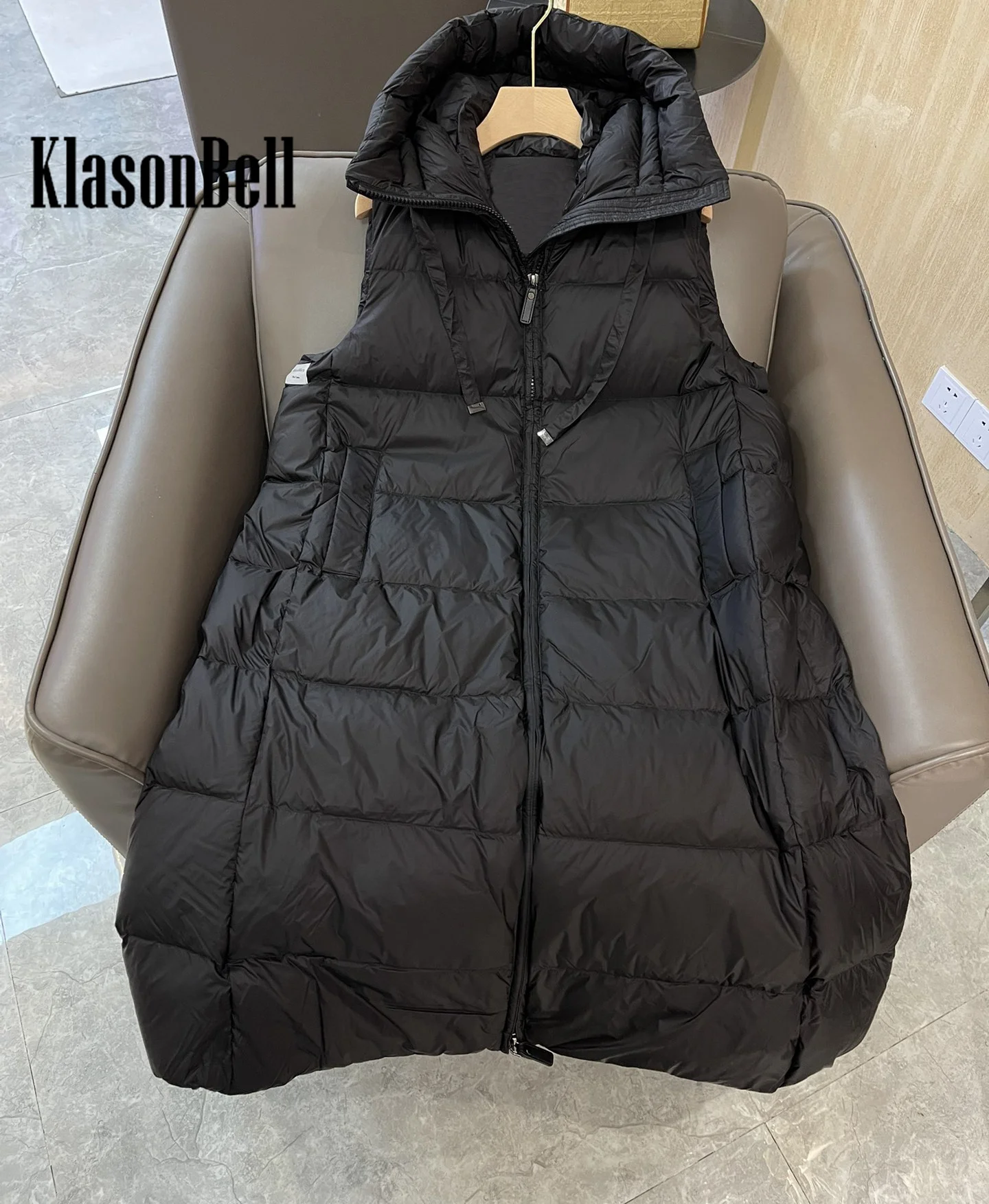 8.29 KlasonBell Women Temperament Hooded Lace-up Down Long Vest Double Zipper Keep -Warm All-matches Goose Down Outerwear