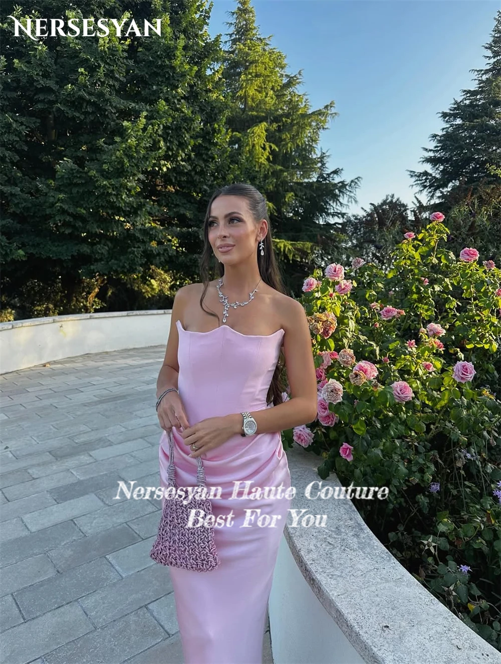 Nersesyan sirène rose robes de soirée épaules dénudées plis moulante robe formelle brillant Occasion spéciale robes de soirée personnalisé