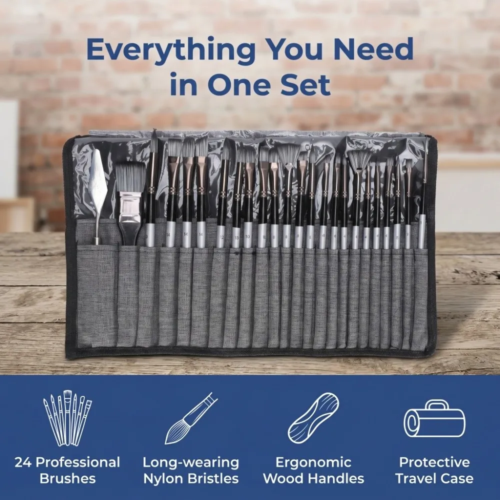 

24PCS Nylon Brush Set Resilient Filaments with Ergonomic Wooden Handle Brush with Carry Bag Dense Brush Heads