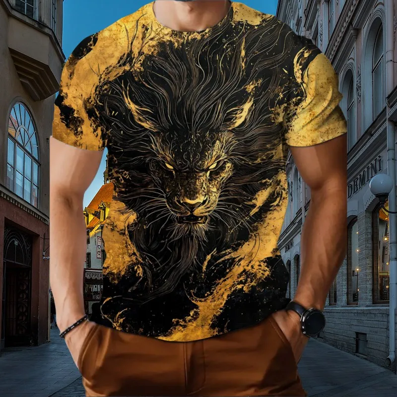 

Animal Tiger Lion 3d Hd Printing Summer Men's Short-Sleeved T-Shirt O Collar Loose Daily Casual Street Trend Tough Guy Clothing