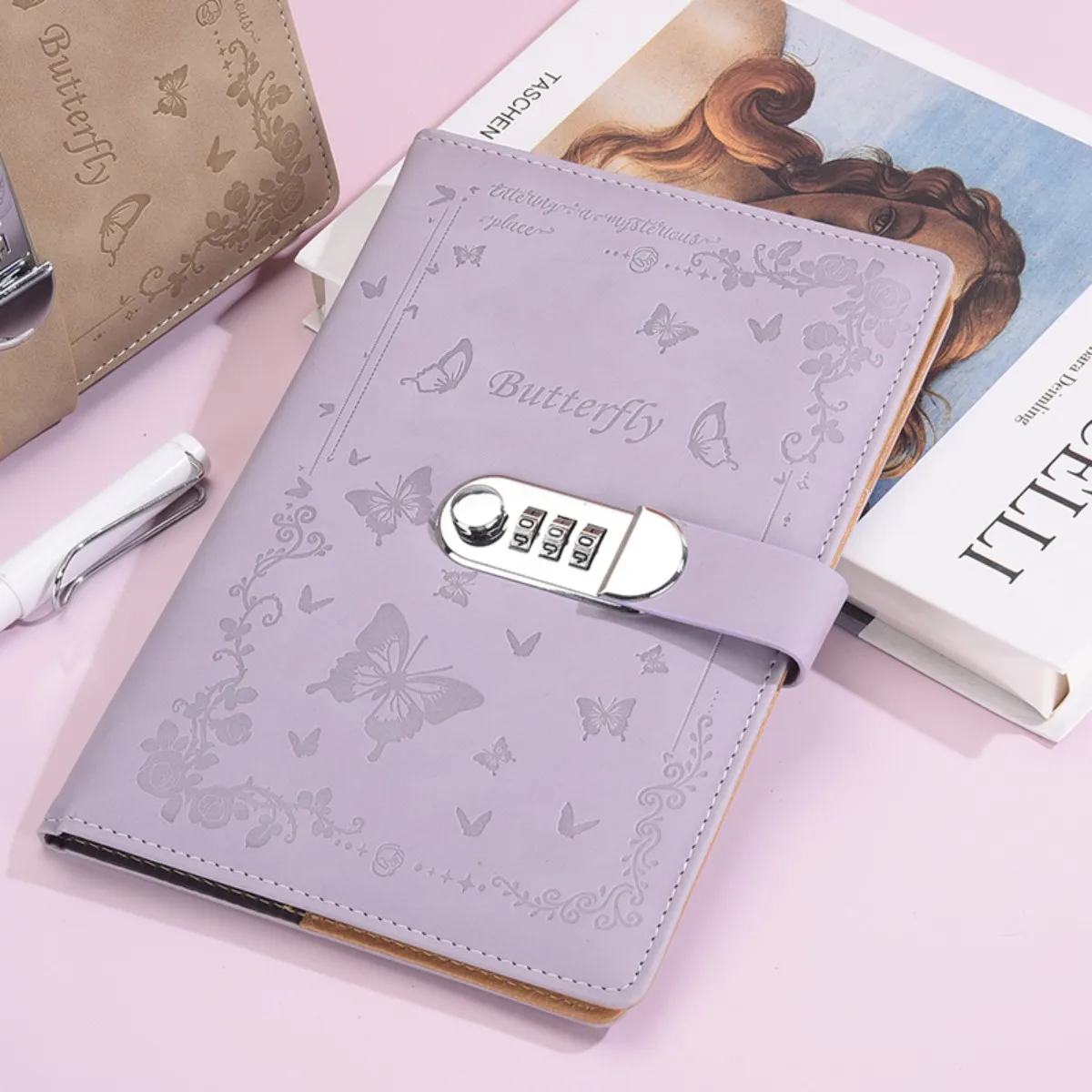 One A5PU 100 sheets/200 pages notebook, vintage password book with lock, diary clip, thickened creative manual ledger, student n