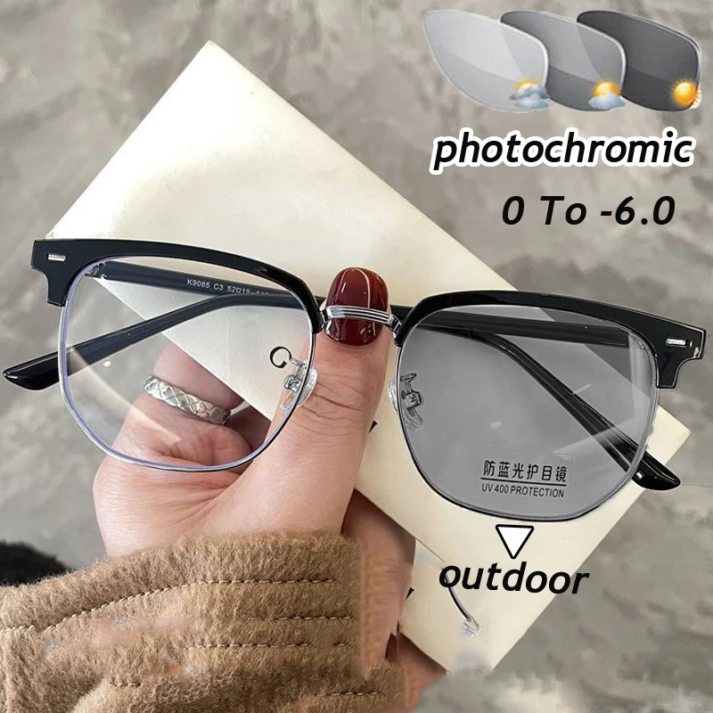 

Ladies Photochromic Myopia Glasses Women Men Transparent Anti-blue Light Discolored Near Sight Eyeglasses Unisex Goggles Diopter