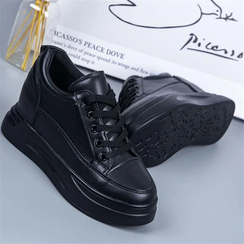 Hidden Heels Women Platform Wedge Sneakers Ladies Leather  White BLACK Shoes Female Tenis Feminino Casual 40