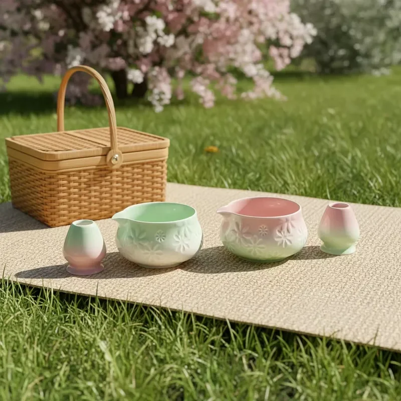 Ceramic Matcha Bowl and Stand Set Cute Pink Cream White Yellow Beige Chawan with Spout for Tea Ceremony Home Decor