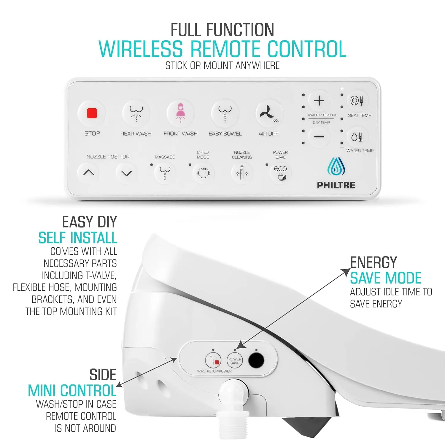 Attachment for Toilet with Warm Water, Heated Bidet Toilet Seat, Dryer, All-Stainless Steel Nozzle, and Full Function Remote