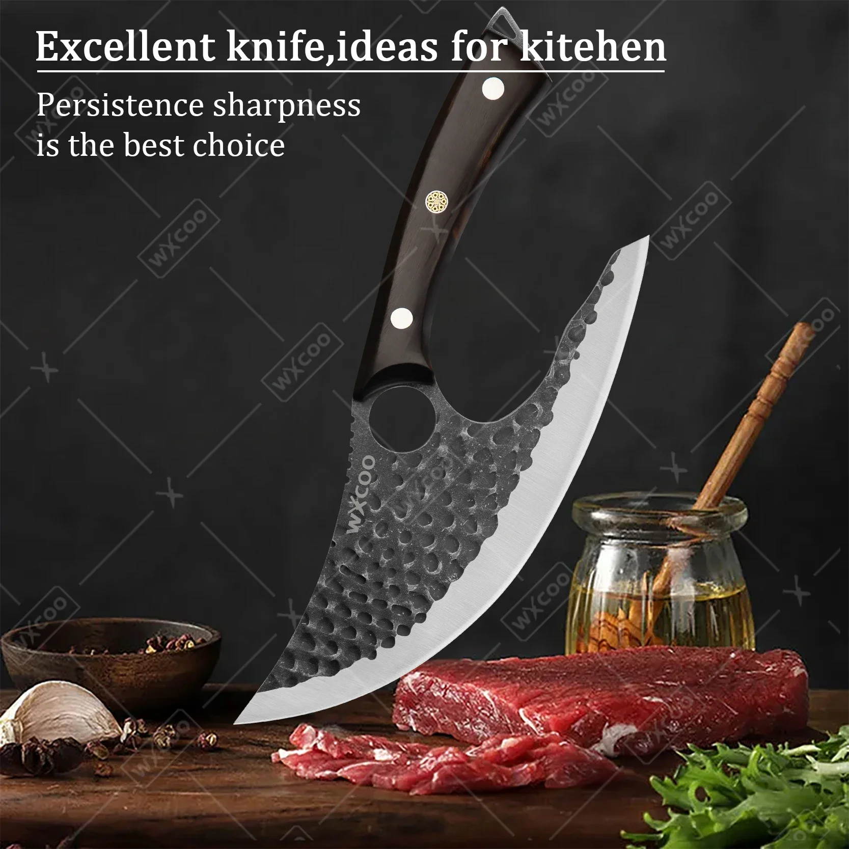 WXCOO Professional Knife Durable Chef Cutter Hand Forged Butcher Vegetable Fruit Cleaver BBQ Wooden Knife