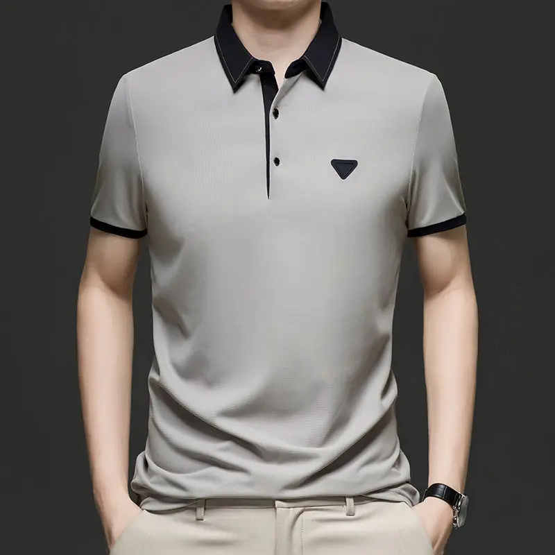 

Мужская рубашка поло с коротким рукавом, деловая повседневная однотонная рубашка с отложным воротником