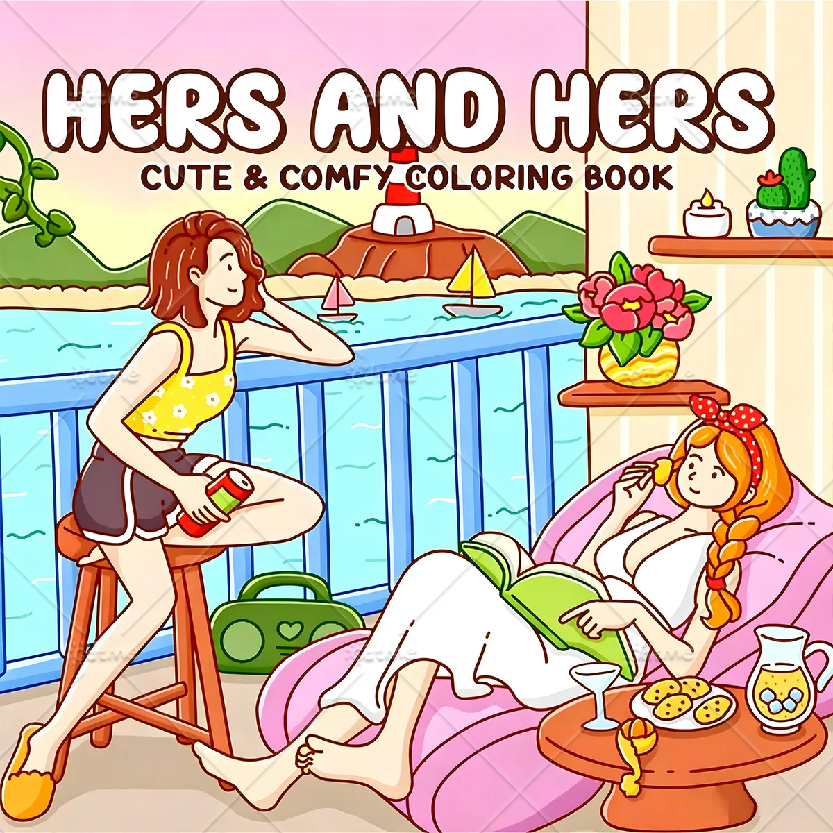 Hers and Hers Cute & Comfy Coloring Book for Adults, Relaxing Girl Friends Coastal Leisure Scenes,Stress Relief Drawing Book