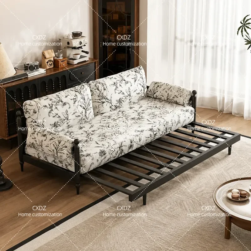 Retro Double Solid Wood Sofa Bed Floral Fabric Removable Cover Small Apartment Telescopic Multi Functional Pull Out Couch