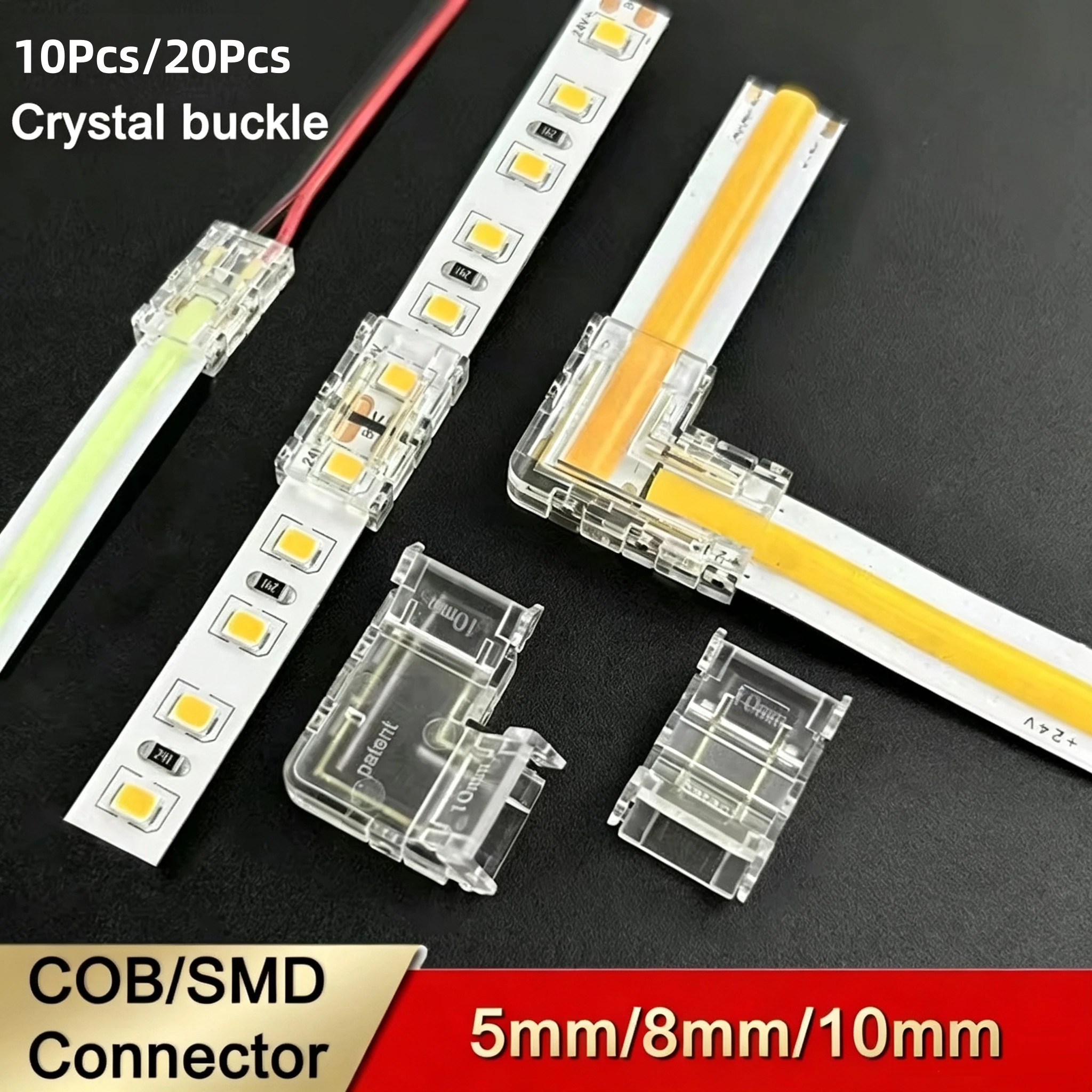 Reusable Crystal 2Pin L‑Shape Corner LED Connector, 90° Right Angle Solderless Clip for 5/8/10mm  SMD COB LED Strip Light