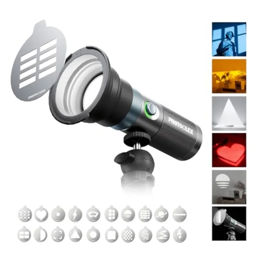 

【New model】4 Colors Photography Flashlight with 20 Magnetic Pattern Gobos 8400mAh Portable Spotlight 10W LED Studio Light for P