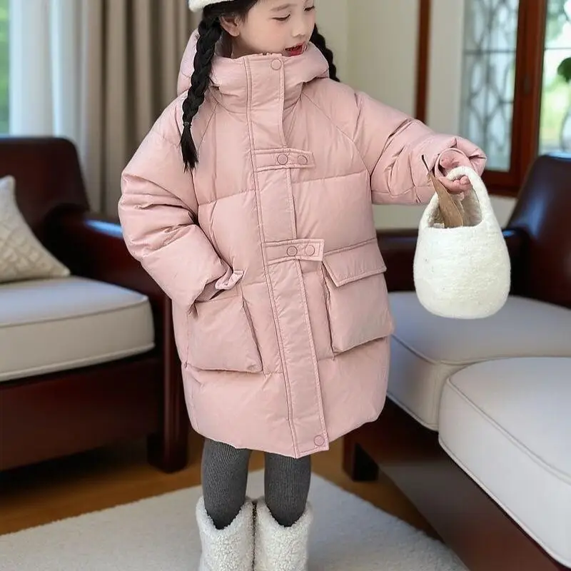

Autumn Winter Girls' Coat Padded Jacket Pure Color Hooded Tops New Fashion Children Clothes Korean Style 7 To 12 Years Old