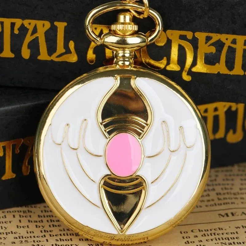 Magic Pink White Trim Ruby Sakura Animazione Catena Orologio da tasca Collana Orologio da tasca Regali per donne Ragazze Cosplay Souvenir