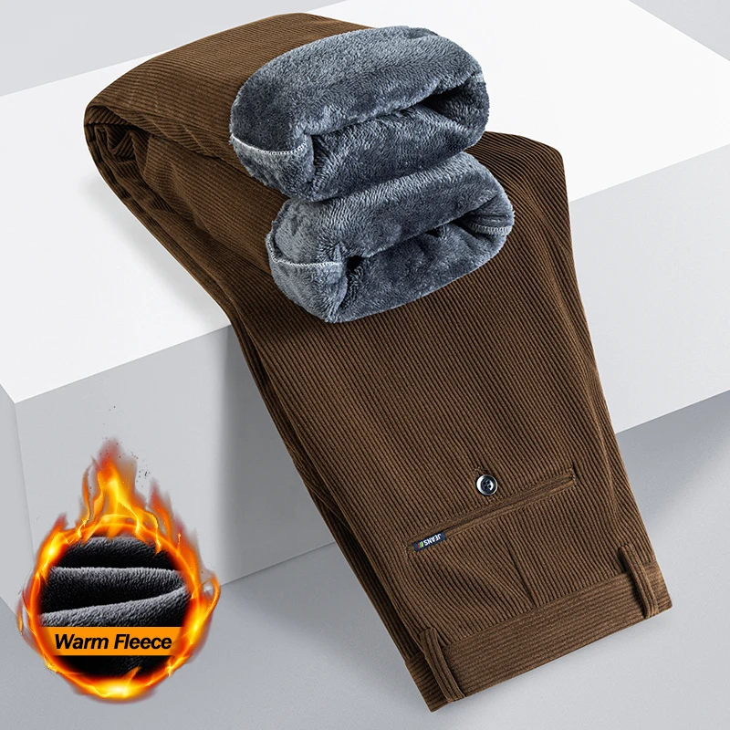 

Зимние флисовые теплые вельветовые брюки, мужские коричневые классические свободные деловые прямые повседневные брюки, утепленная теплая плюшевая бархатная одежда