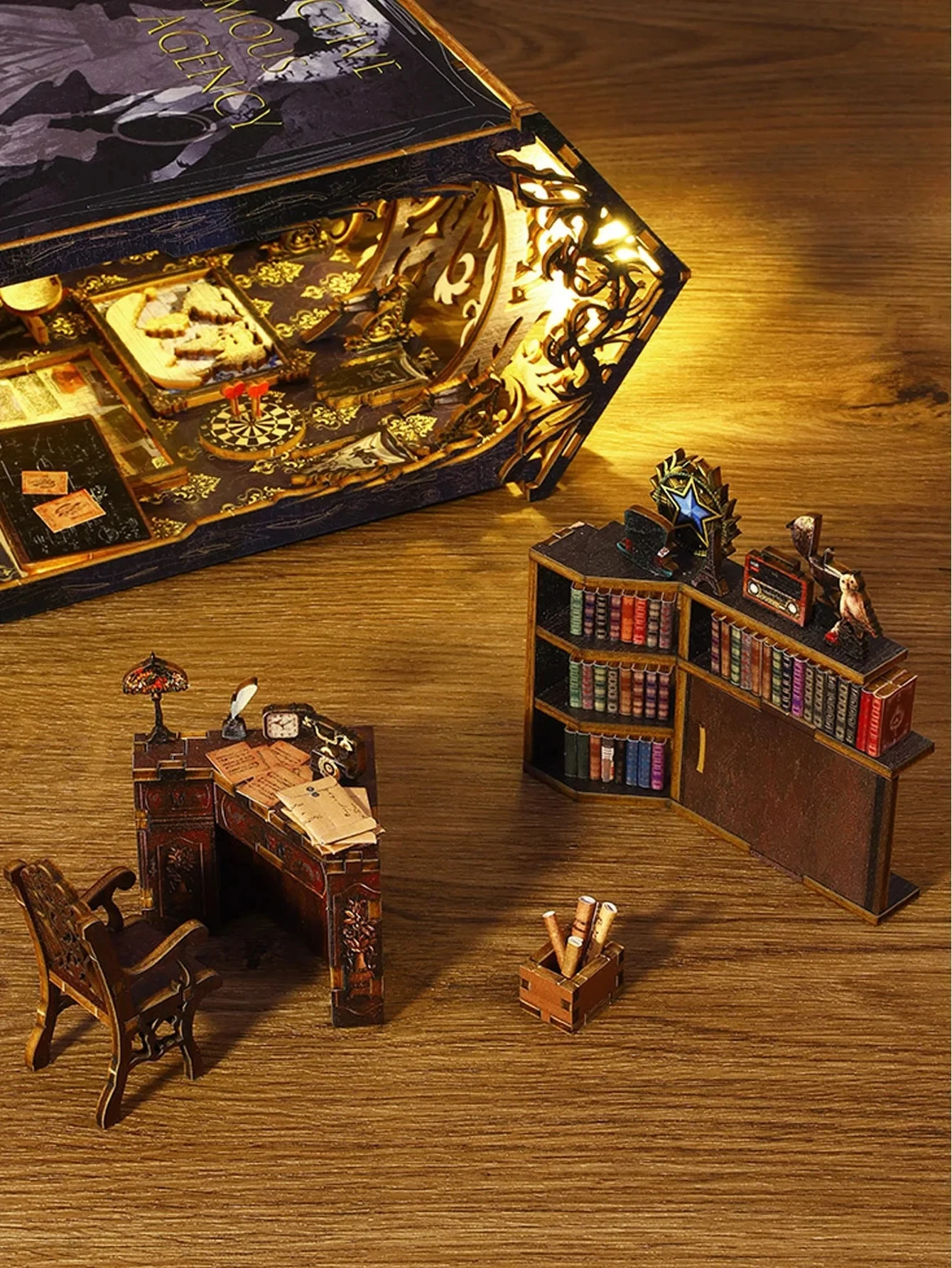 Detective Book Nook DIY Kit For Housewarming Gift 3D Model Building Bookshelf For Housewarming Home Decorations Wooden Creative