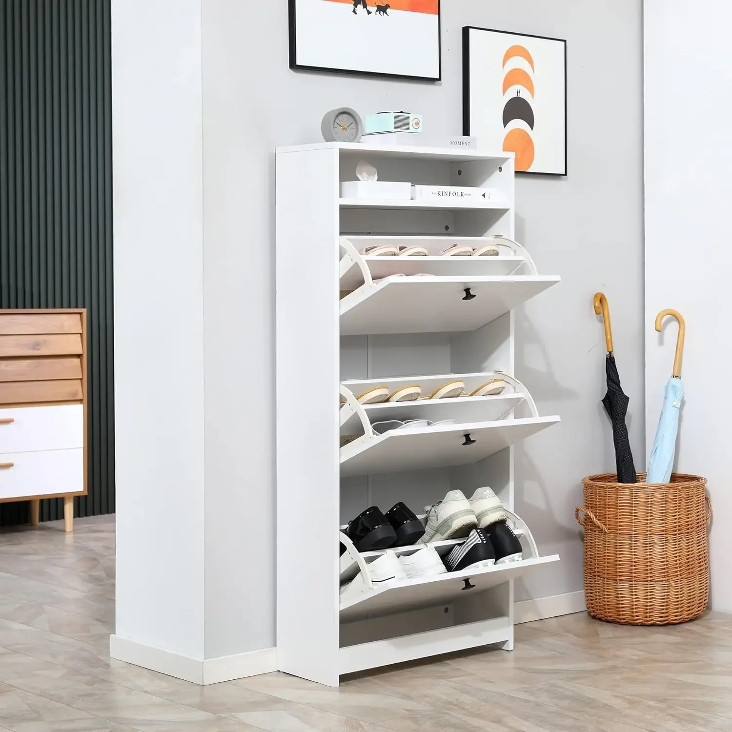 Sapato Slim Storage Cabinet, armário de sapatos na moda com 3 grandes gavetas desmontáveis e uma superfície superior espaçosa