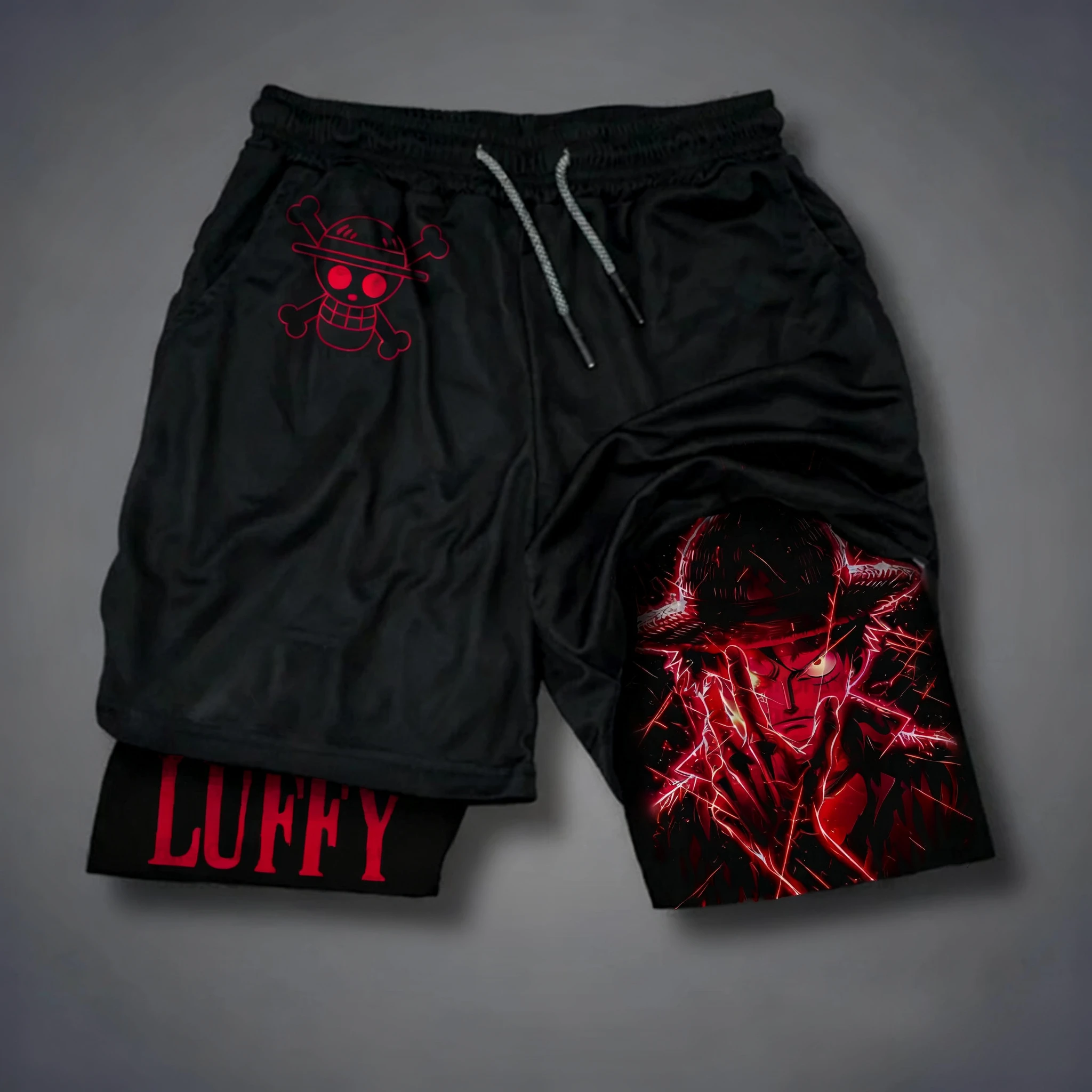 Pantaloncini a doppio strato stampati periferici One Piece Anime Rufy - Pantaloni larghi, sportivi e traspiranti quotidiani da uomo estivi americani