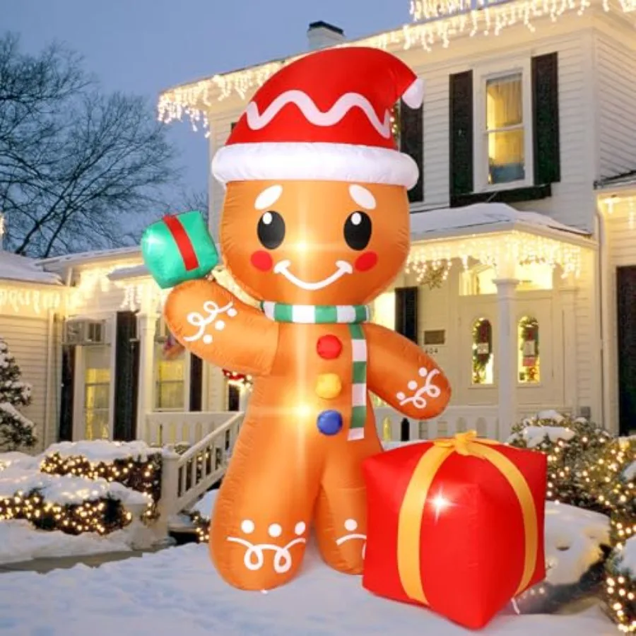 

Christmas Inflatables Outdoor Decoration 6FT Gingerbread Christmas Decorations Inflatable with Gift Box Christmas Blow Ups Yard