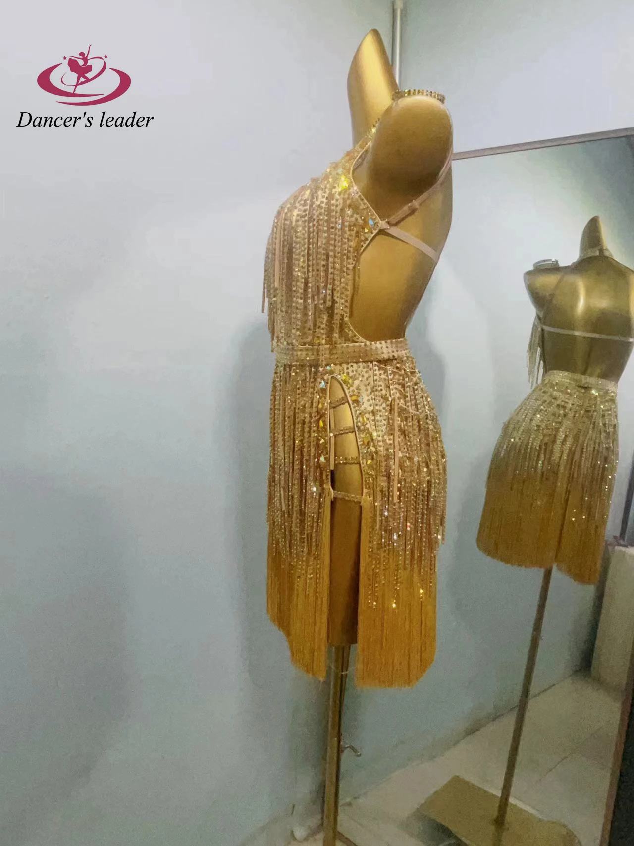 Lateinischer Tanzwettbewerb Damen High-End Custom Golden Diamond Strip Quaste Abendkleid Samba Performance Strasskleid