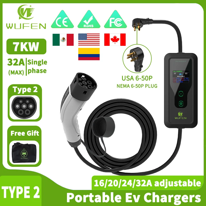 WUFEN EV Portable Charger Type2 7.6KW 240V Mode 2 Type 2 EV Charger 32A 1Phase 5M Charger Cable for IEC 62196-2 Electric Vehicle